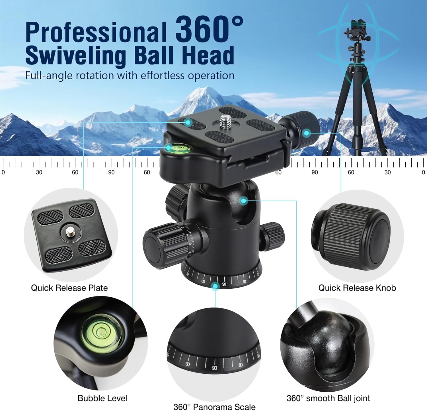 Rifle Tripod Shooting Rest, 61” Aluminum Hunting Tripod for Rifles with 360° Ball Head, Arca Compatible Rifle Saddle Clamp, Heavy Duty Tripod Stand with Weight Hook, Bubble Level & Compass