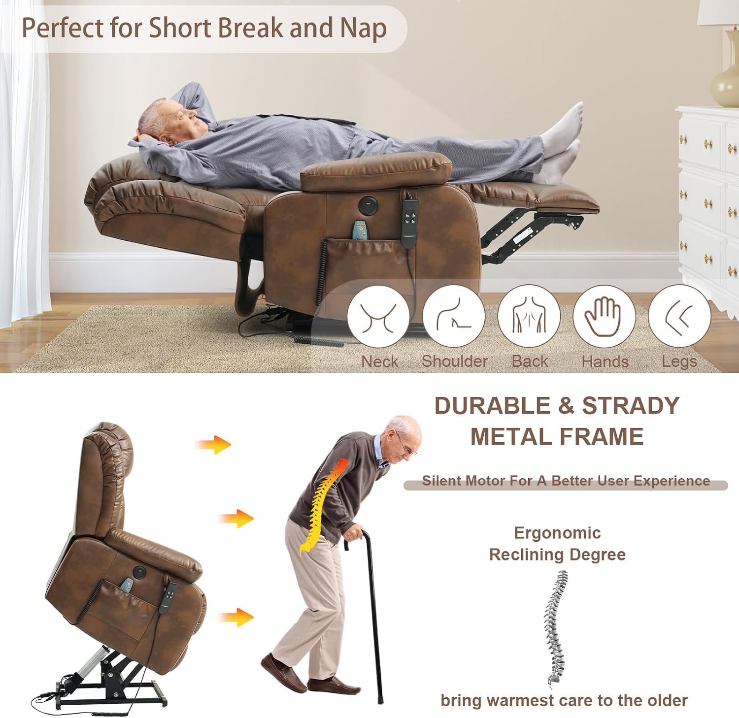 Dual Motor Power Lift Recliner Chair for Elderly, Infinite Position Lay Flat Lift Chair with Massage and Heat, USB Ports, Leather (Ochre) thumbnail