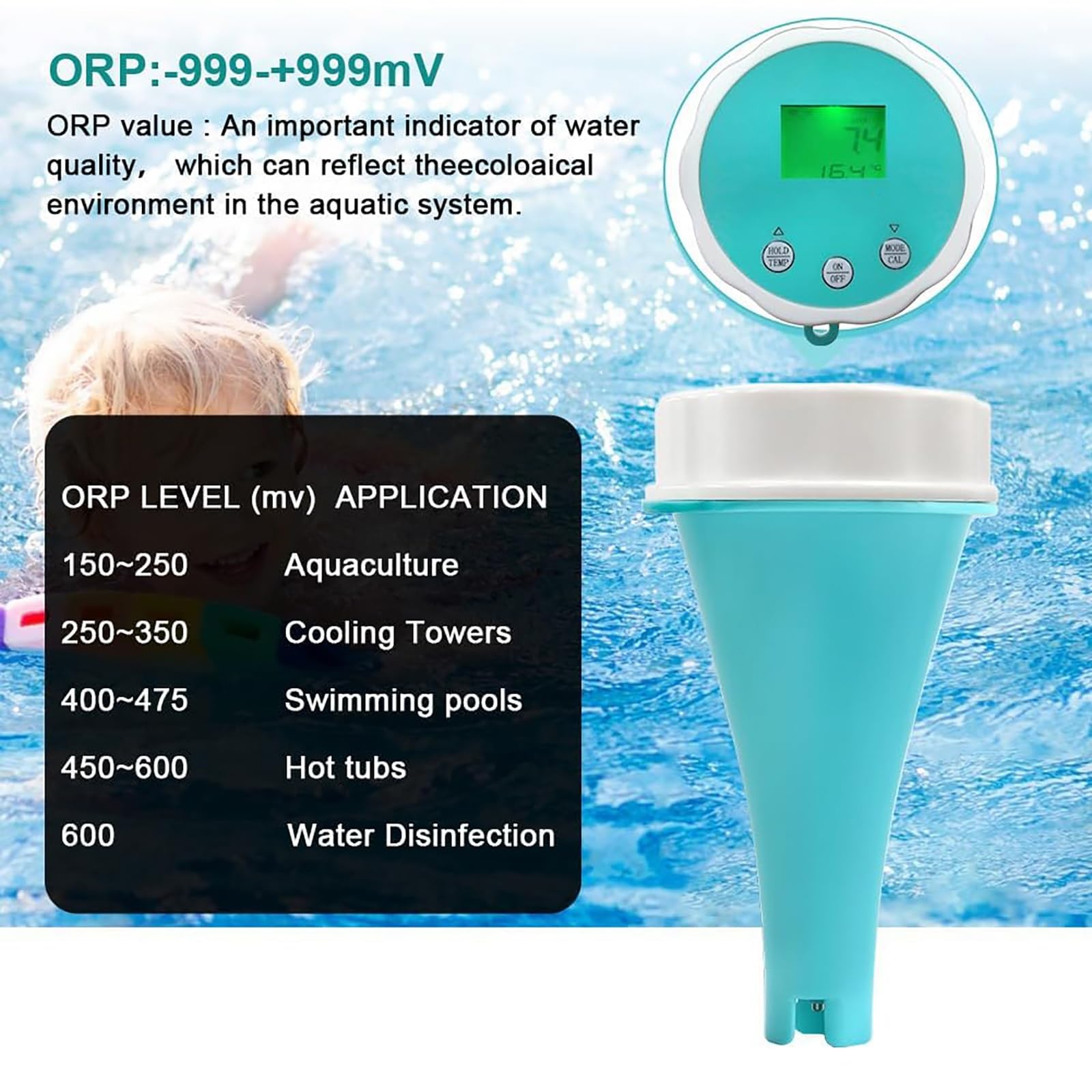 Tester Bluetooth for la qualità dell'Acqua, 6 in 1 PH EC TDS ORP Digitale Temp Cloro, App remoto Impermeabile ad Alta precisione for Piscina, Acquario, Laboratorio
