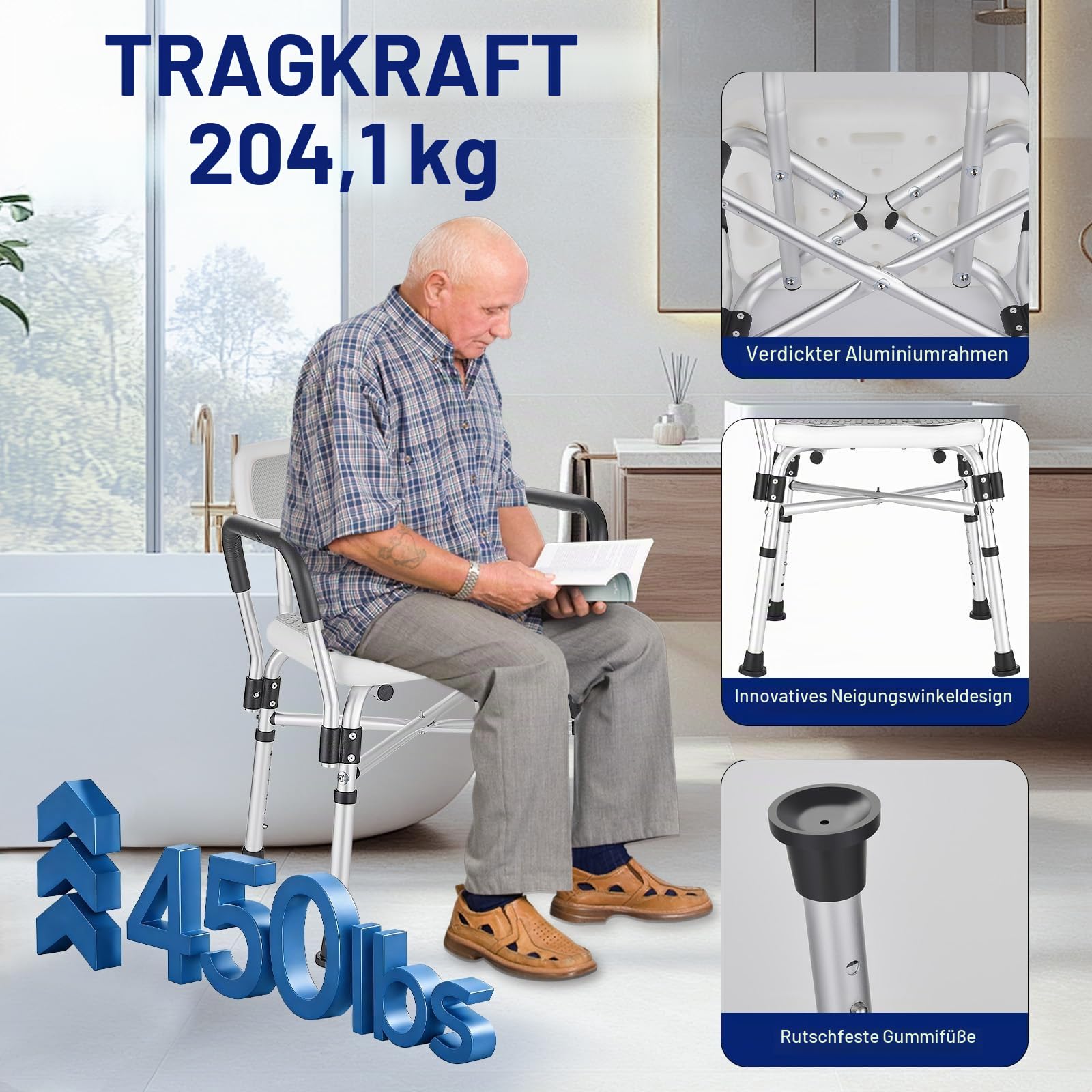 Duschstuhl für Senioren, Duschsitz, Duschstuhl mit Armlehnen und Rückenlehne,Badestuhl für Senioren mit 6-stufiger Höhenverstellbar, Traglast 200 kg Grau