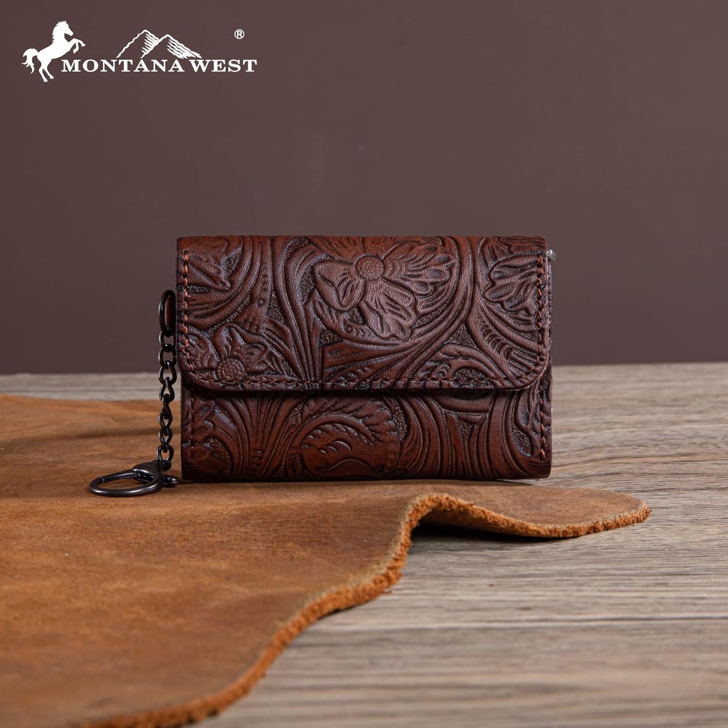 Montana West × Wrangler Leather Change Wallet for Men Women Small Coin Pouch Western Design, Brown