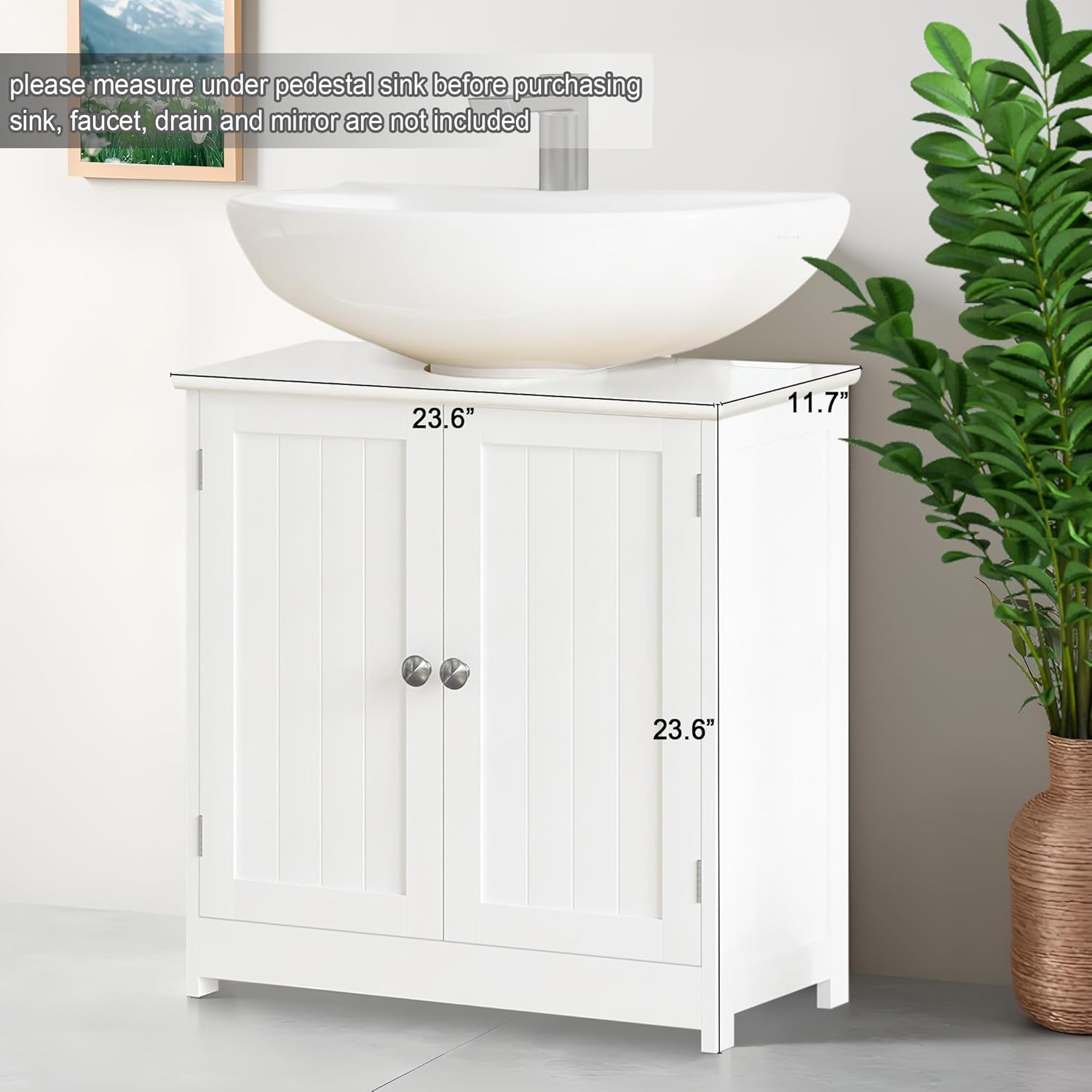 Pedestal Sink Storage Cabinet, Under Sink 2-Tier Cabinet with 2 Doors and Adjustable Shelf, Bathroom Sinks Cabinet with U-Shape Cut-Out, Under Pedestal Sinks Storage Cabinets for Bathroom, White