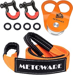 METOWARE Offroad Recovery Kit - 10 Ton Heavy Duty Winch Snatch Block, Tree Saver Strap, and D Ring Shackles