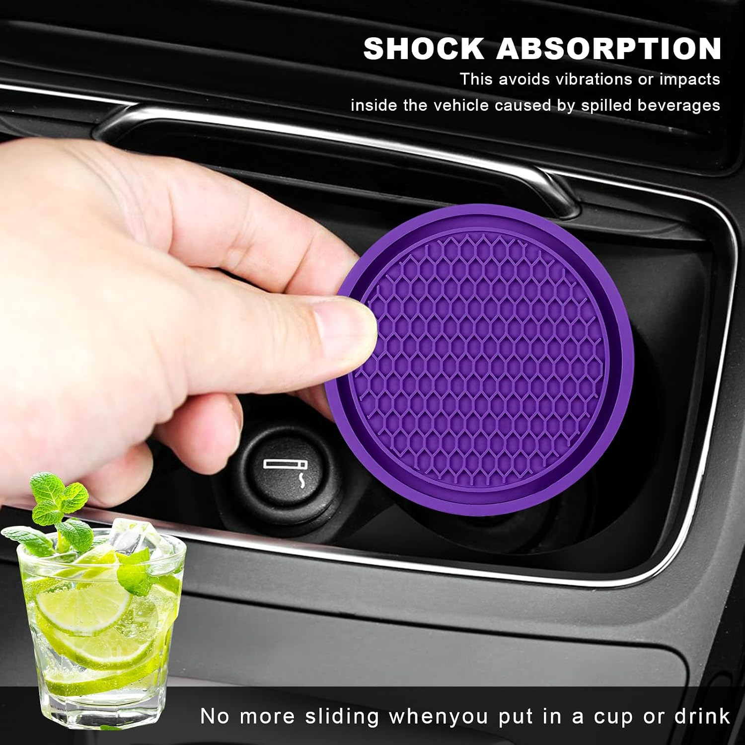 4 PCS Car Cup Coasters, 2.72" Non-Slip Silicone Auto Drink Holder Waterproof Cup Mat, Universal Honeycomb Shape Insert Coaster for Most Cars Trucks SUVs, Car Accessories (Purple) image 4