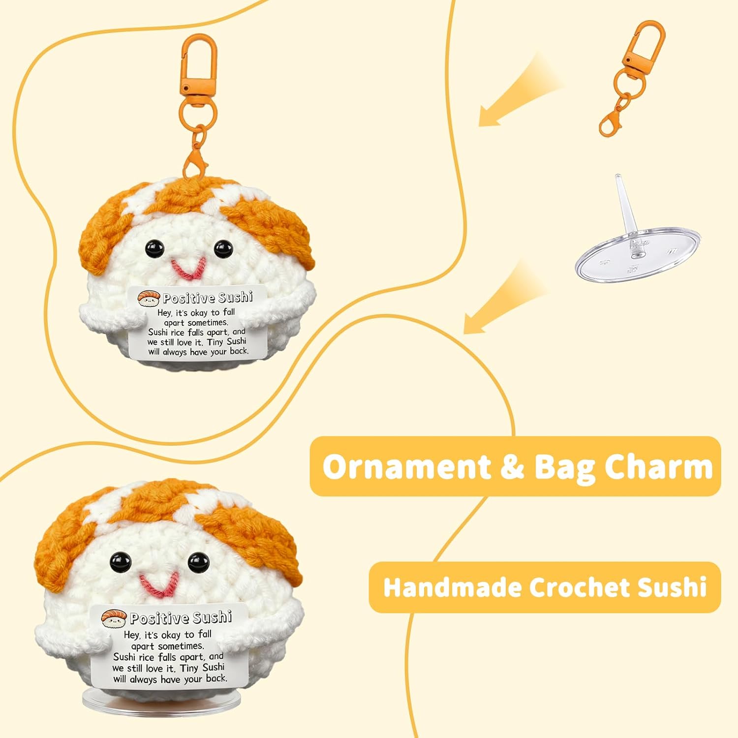Emotional Support Crochet Salmon Sushi Doll, Handmade Knitted with Encouragement Card, Positive Gift