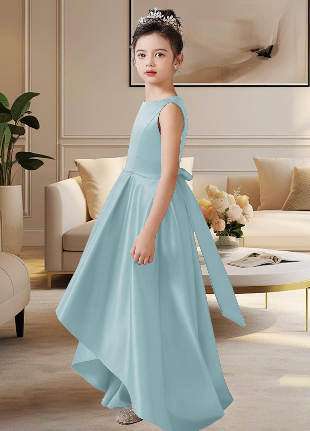 dideyttawl Satin Hi-Lo Formal Dress for Girls 4-16 Sleeveless A Line Quinceanera Dresses Flower Girl Dresses for Wedding - Image 2