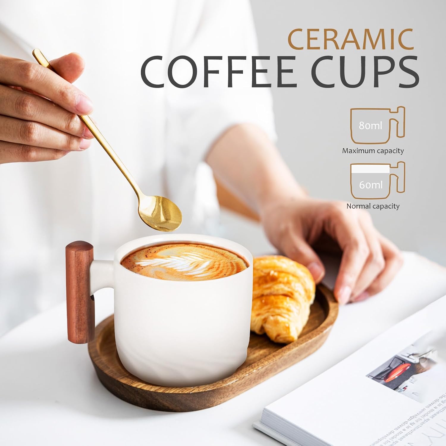 Outanaya 4 Pcs White Ceramic Espresso Cups with Wooden Handle, Minimalist Design for Comfortable Grip and Pleasant Drinking Experience, for Kitchen and Dining