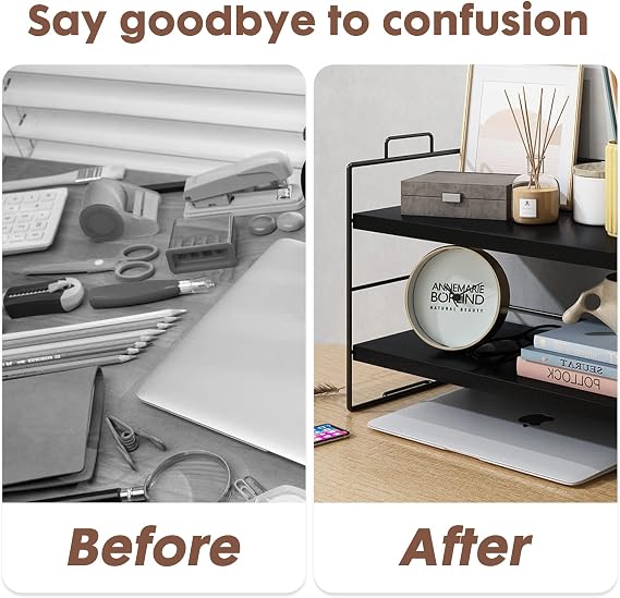 ShellKingdom Desk Shelf Organizer, 2 Tier Desktop Shelves, Adjustable Bookshelf Storage Rack and Office Cubicle Decor for Tabletop, School, Office, Dorm Organization (Black)