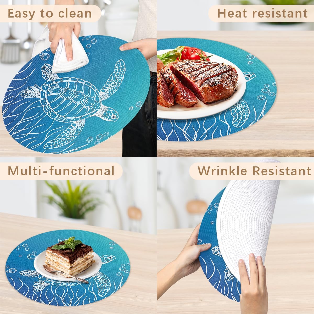 Ocean Sea Animal Turtle Tortoise Round Placemats Set of 6 Woven Braided Place Mat Heat Resistant Washable Table Mats for Dining Table Kitchen, 15 in