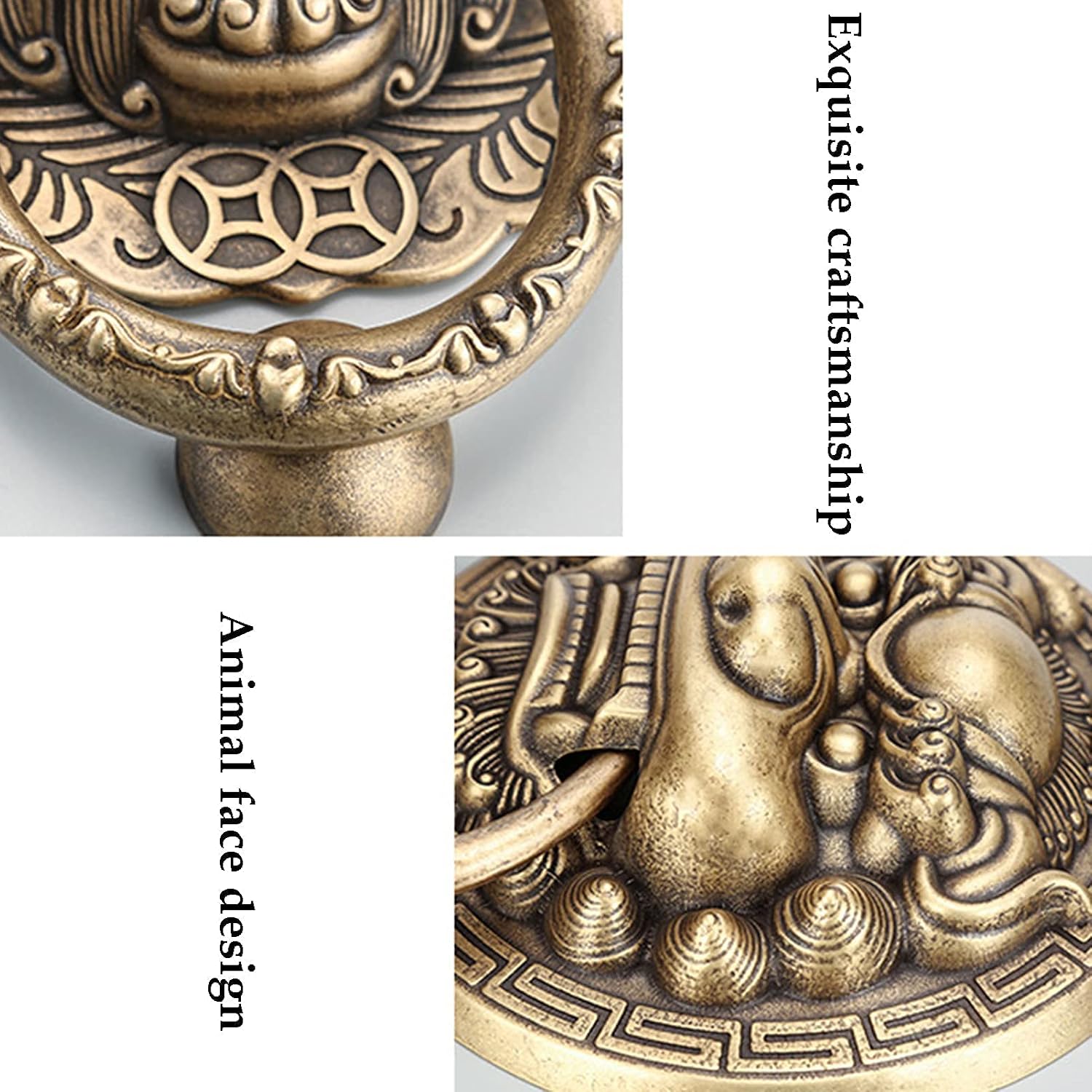 Animal face Bronze Door Knocker Antique Brass Anti-Rust Door Ring Handle for Retro gate Yard Wooden Entrance Door Home Decoration Accessories (Size: 13.5cm Diameter) (13.5cm Diameter)