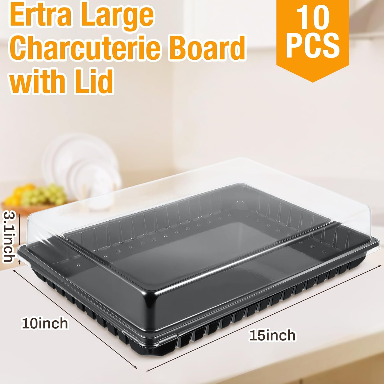 Shellwei 10 Pack Extra Large Charcuterie Board with Lids, 15 x 10 Inch Plastic Catering Trays for Cookies, Desserts, Candy, Reusable Serving Platters for Travel Party