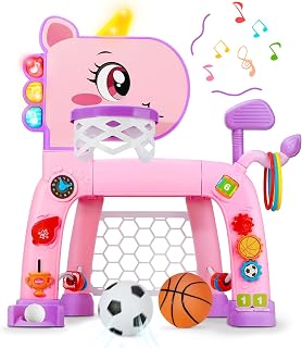 4 IN 1 Toddler Basketball Hoop & Soccer Goal & Golf & Ring Toss Game, Kids Sports Christmas Toy with Sound Music Light, Musical Birthday Gift for Age 1 2 3 Girls Boys, Pink