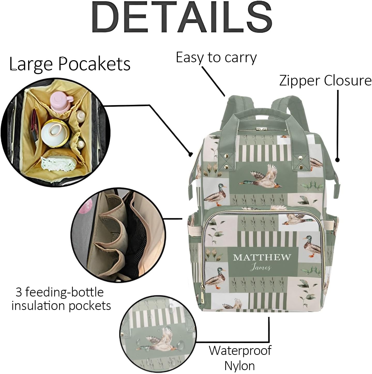 Personalized Wild Duck Diaper Bag Backpack with Name – Custom Baby Travel Tote for Mom or Dad, Nursing Bag for Girls, Shower Gift for Baby, Daycare Essentials Organizer