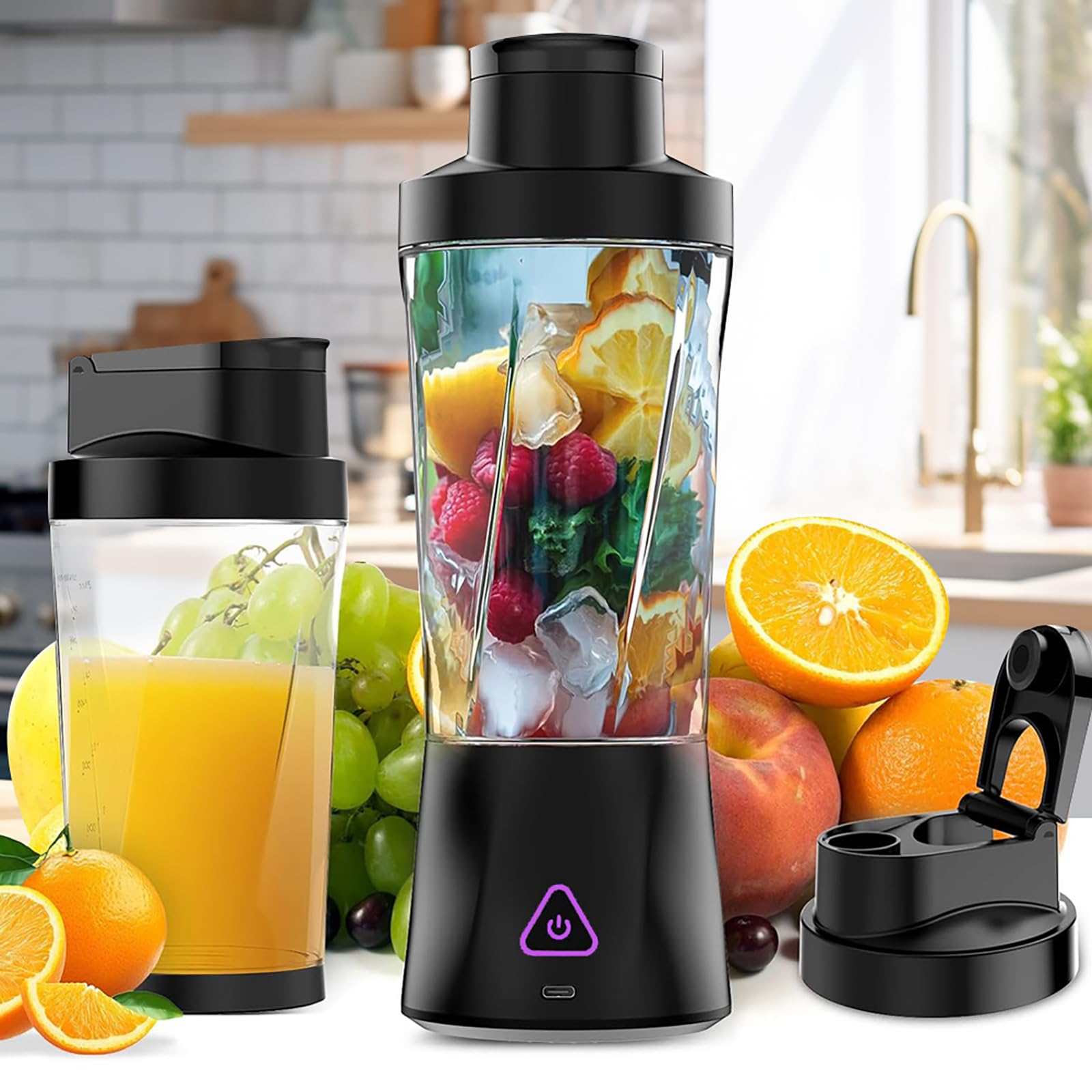 Mixeur portable 700 ml, mini mixeur à emporter, batterie de 6000 mAh, mixeur portable pour piler la glace et les fruits, couvercle anti-fuite, extracteur de jus sans BPA, blanc