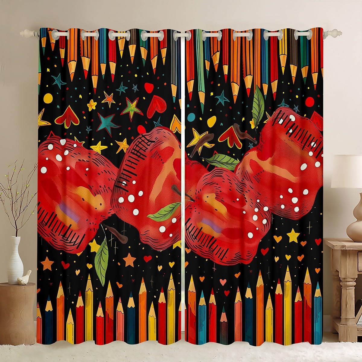 Erosebridal Fruits Window Curtains 38" Wx45 L, 2 Panels Cartoon Blackout Curtains for Kids Girls Boys Heart Ruler Polka Dots Red Black Lightweight Window Treatments Drapes