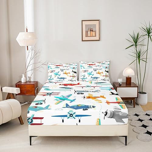 Miniatura 9 de Erosebridal Sábanas de avión tamaño Queen, juego de ropa de cama de aviones en blanco y negro, sábana bajera ajustable para niños, niños,
