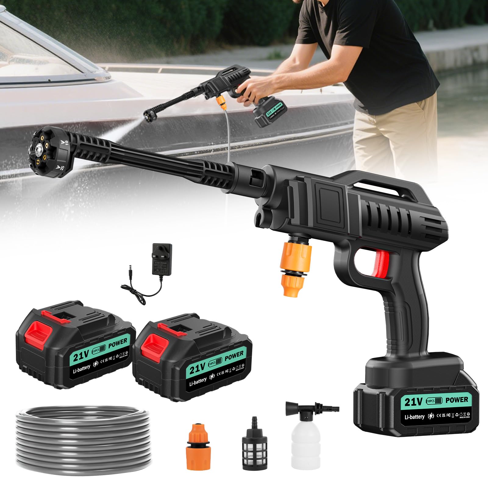 Keleef Cordless Pressure Washer 21V, 62Bar Portable Power Washer with 2 Battery, 6 in 1 Nozzle, 5M Hose, 270L/h Battery Jet Wash with One-piece Plastic Rod for Car Floor Garden Cleaning & Watering — image 1