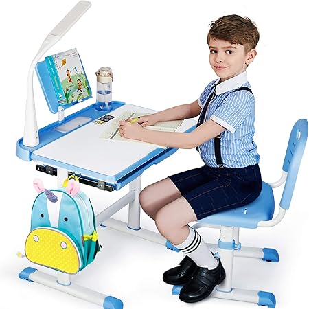 Amazon Com Sakee Kids Desk With Chair Set Height Adjustable Children School Desk With Update 31 Wide Desktop And Bookshelf Blue Kitchen Dining