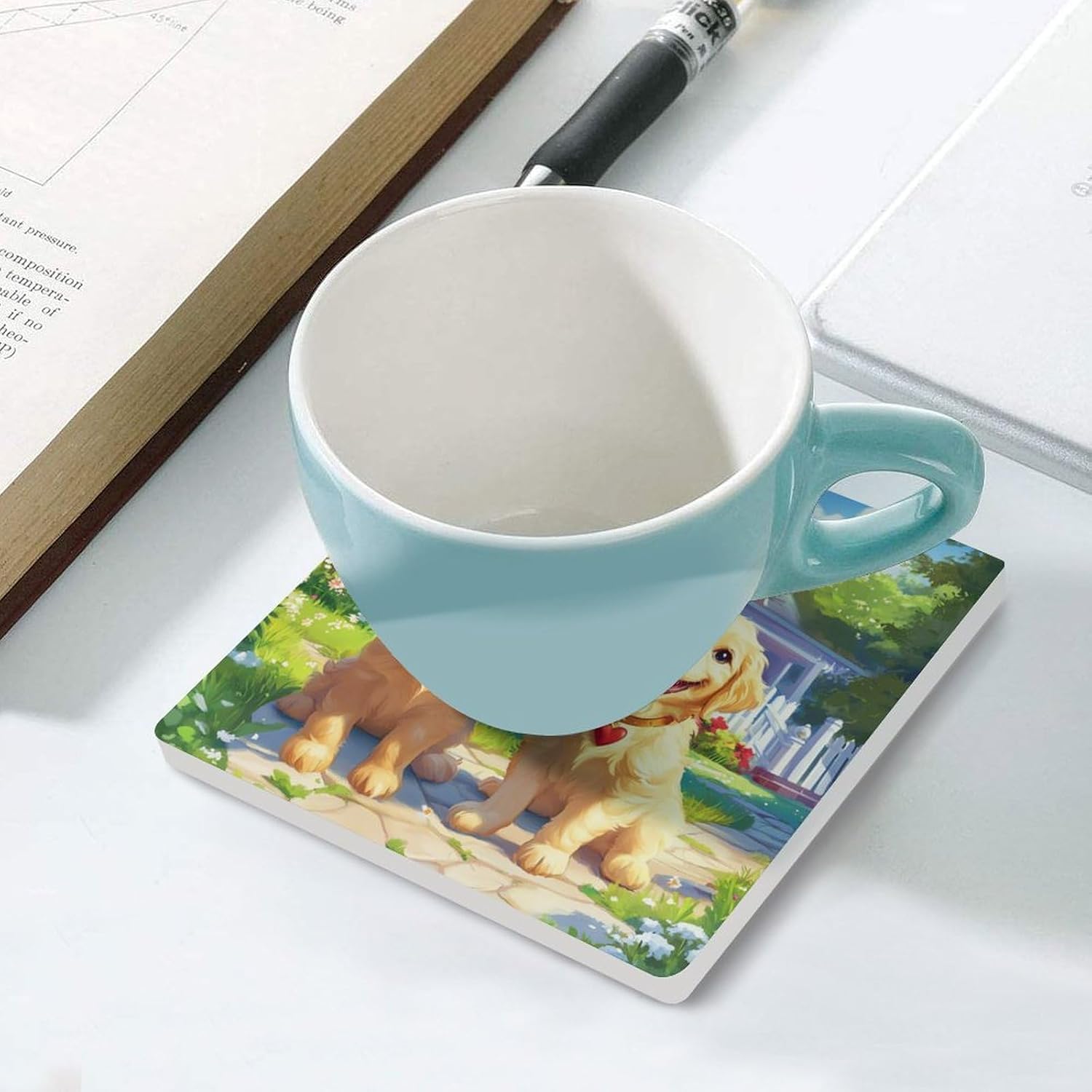Cute Gold Retriever Dogs Ceramic Coasters Set Square Drink Coasters Table Coaster for Kitchen Desktop Decor
