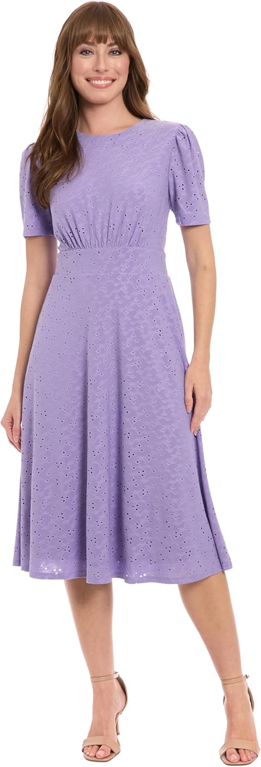 London Times Women's Eyelet Midi A-line Puff Sleeves-Gathered Waist Empire Cut-Wedding Guest Dress
