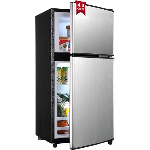 Mini Fridge with Freezer 4.0 Cu.Ft. Double-Door Mini Refrigerator Low Noise | 7-Level Adjustable Thermostat & Adjustable Glass Shelves, Compact Dorm Fridge 37 dB Low Noise for Bedroom, Apartment, Silver