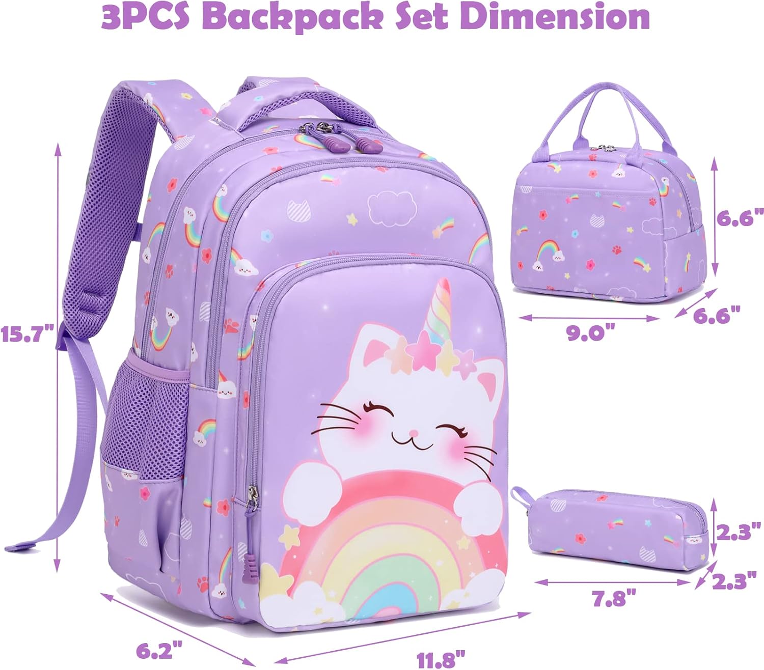 Kimwadalh Girls Backpack with Lunch Box Pencil Case for Elementary School, 3 in 1 Schoolbag with Chest Strap for School Girls