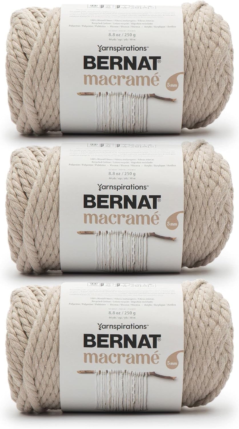 Bernat Macrame Taupe Yarn - 3 Pack of 250g/8.8oz - Cotton - #6 Super Bulky - Knitting, Crocheting & Crafts