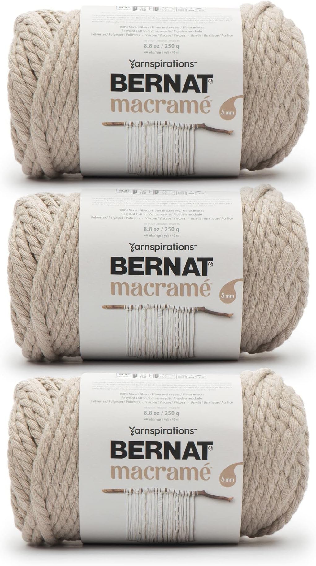 Bernat Macrame Taupe Yarn - 3 Pack of 250g/8.8oz - Cotton - #6 Super Bulky - Knitting, Crocheting & Crafts