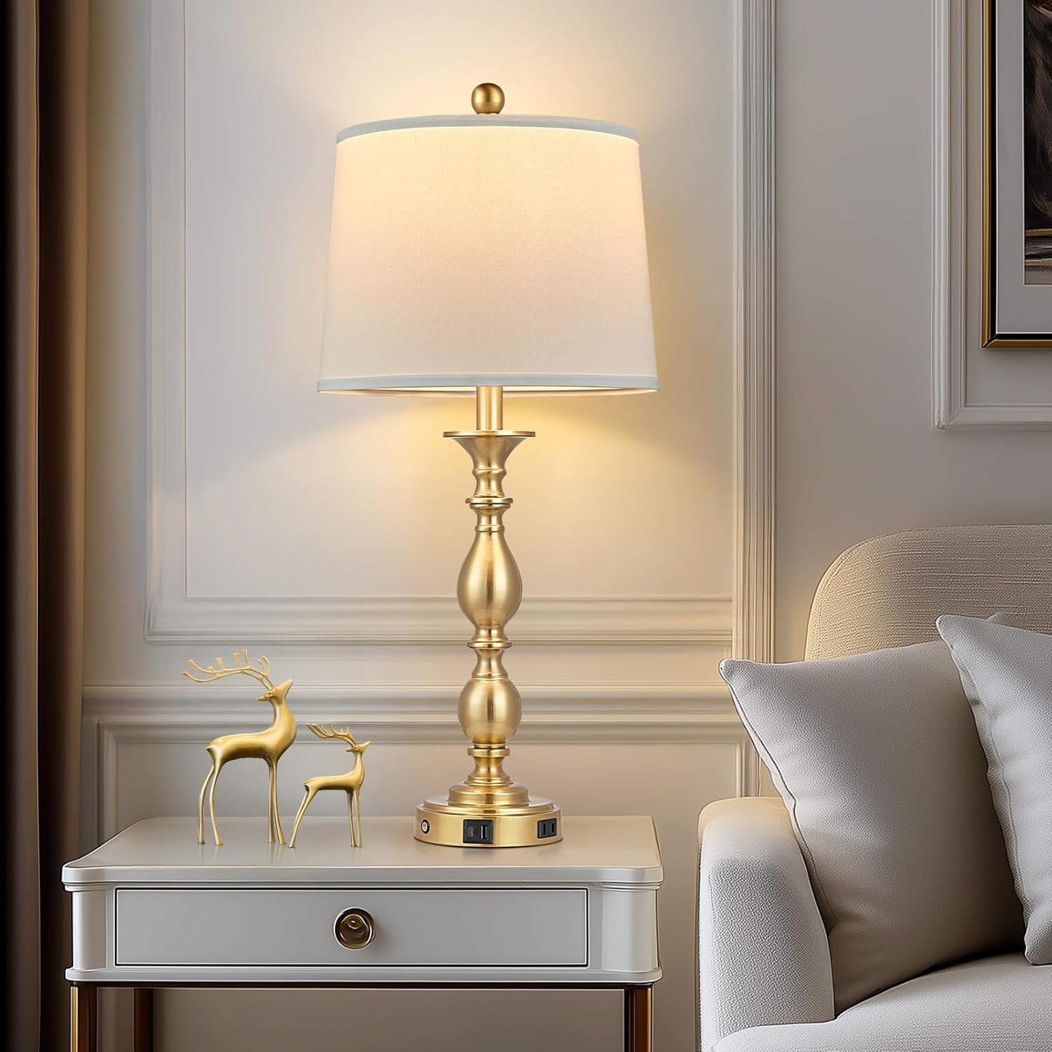 28" Tall Modern Table Lamps Set of 2 with USB A+C Ports and AC Outlet, 3 Way Touch Metal Bedside Lamps for Bedroom, Gold Farmhouse Nightstand Lamps for Living Room