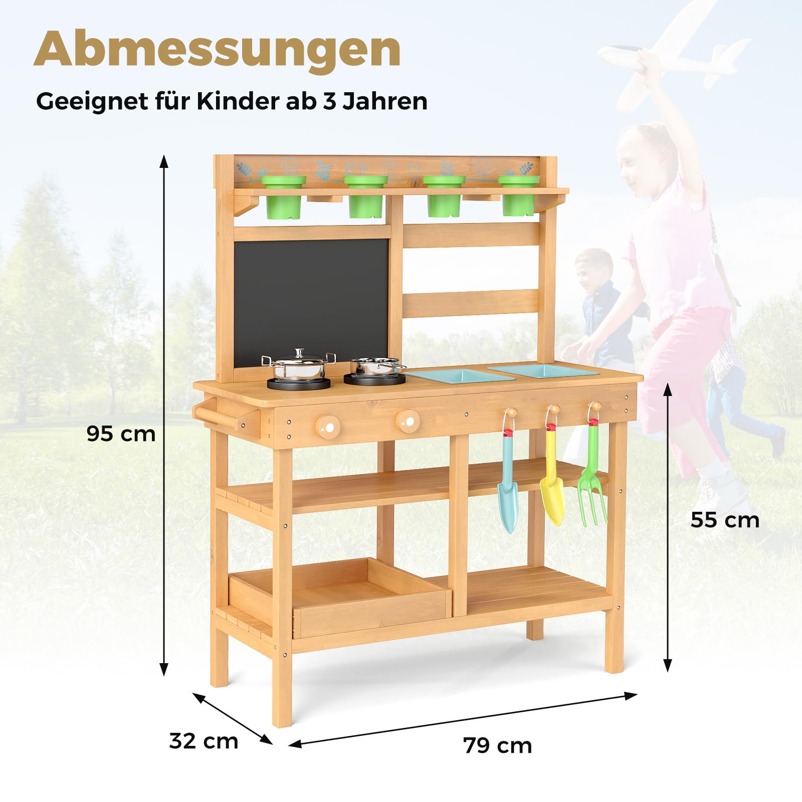 COSTWAY Matschküche Kinder Outdoor, Kinderküche mit Tafel, Wasserhahn, Spülen, Blumentöpfen & Gartenzubehör, Garten Spielküche Holz, Outdoorküche für Kinder ab 3 Jahren