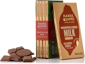 Harris & James 4 x Marvellous Milk Chocolate Bar Library Pack, Deliciously Smooth Handcrafted Bean To Bar Chocolate In A Gift Box Curated Four Bean Cacao Blend 86g x 4 Bars
