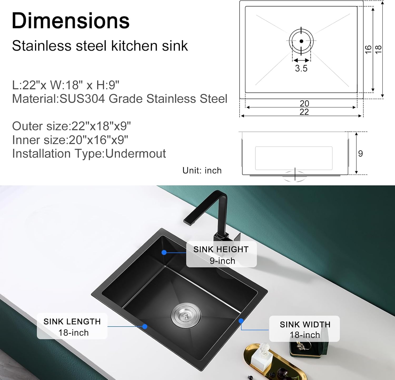 MENATT 22 inch Undermount Kitchen Sink Black, 18-Gauge Stainless Steel Handmade Single Bowl Kitchen Bar Sink Undermount, 22"x18"x9"