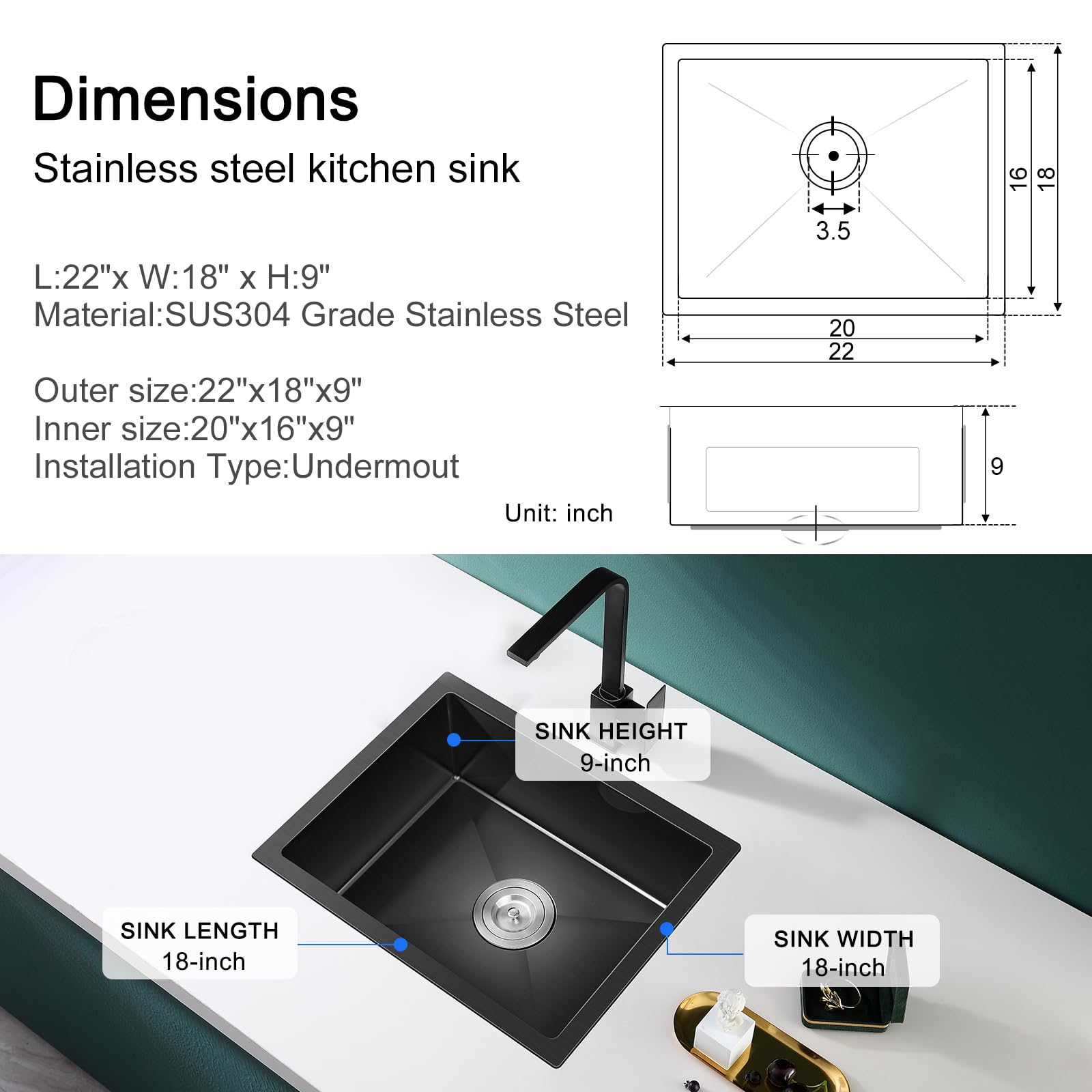 MENATT 20-inch Undermount Kitchen Sink, SUS304 Nicaragua - View #11