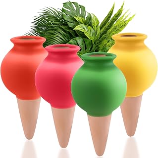 Terracotta Watering Spikes Set of 4, Small Self Watering Bulbs for Indoor & Outdoor Plants - Passive Watering Devices for Short, Slow Release Vacation Plant Care, Water Conservation Device