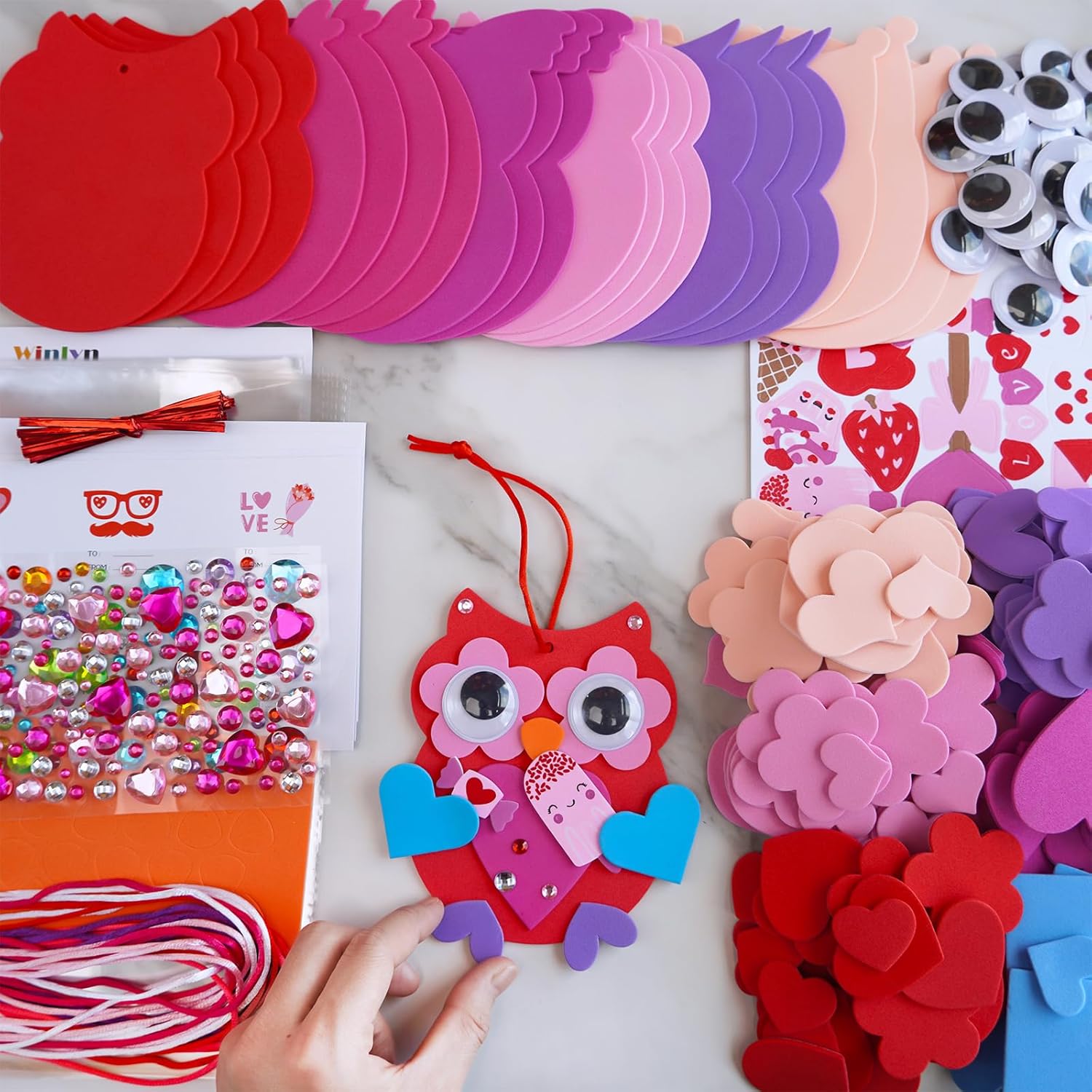 Winlyn 24 Sets Valentine's Day Craft Kits Heart Crafts DIY Owl Ornaments Decorations Art Sets Foam Owl Heart Stickers for Kids Party Classroom Activities Gift Exchange