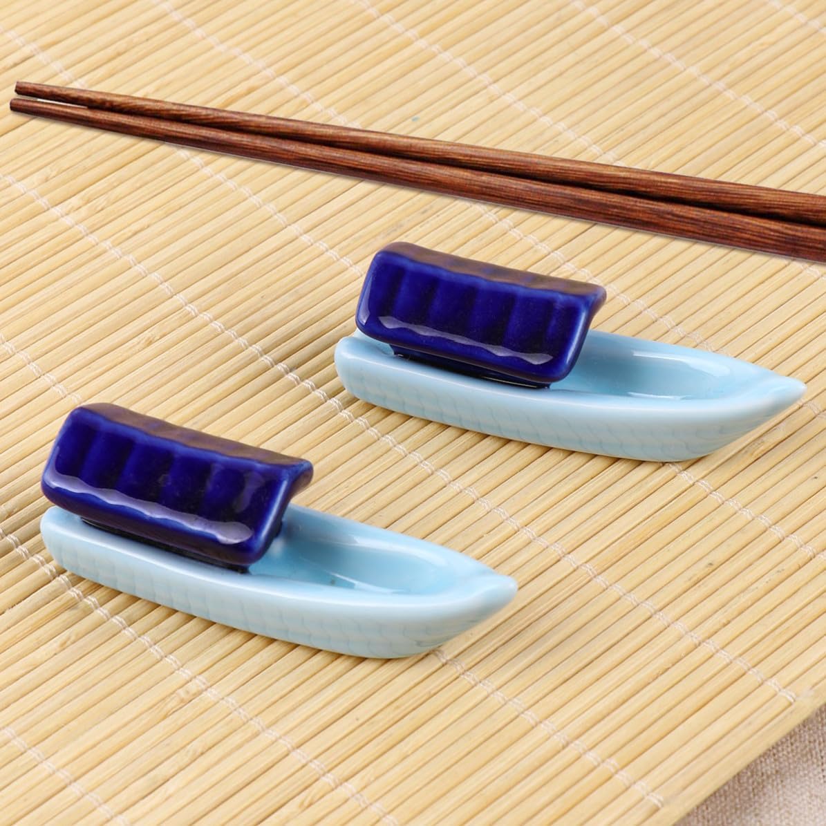 4pcs Blue Ceramic Chopsticks Rest Holder Boat Shape Japanese Style Chopstick Holder for Dining Table Decor and Housewarming Gift