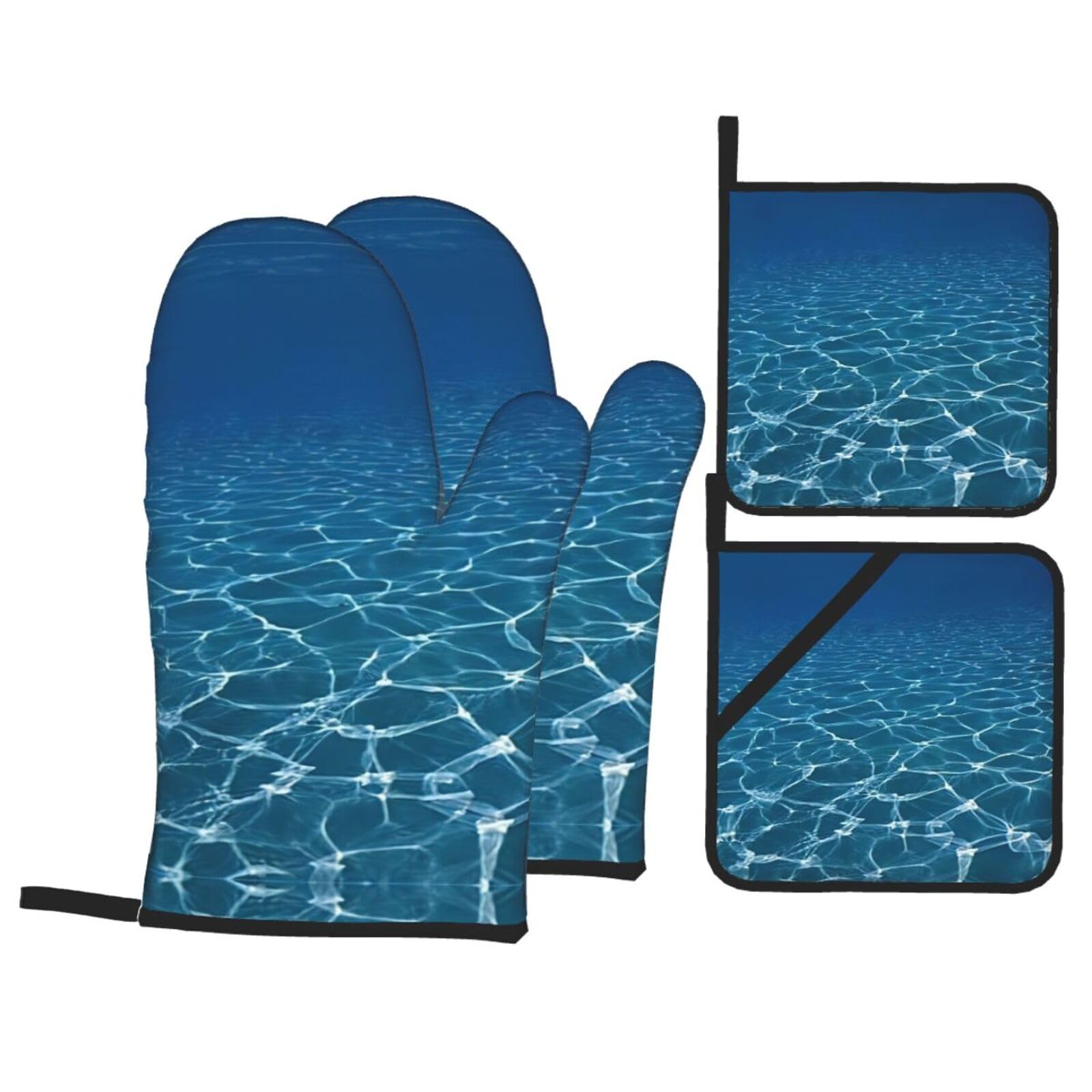 Ofenhandschuhe-Set Aus Holzoptik – 4-teilig, Hitzebeständig, Maritim Design In Blau-grün