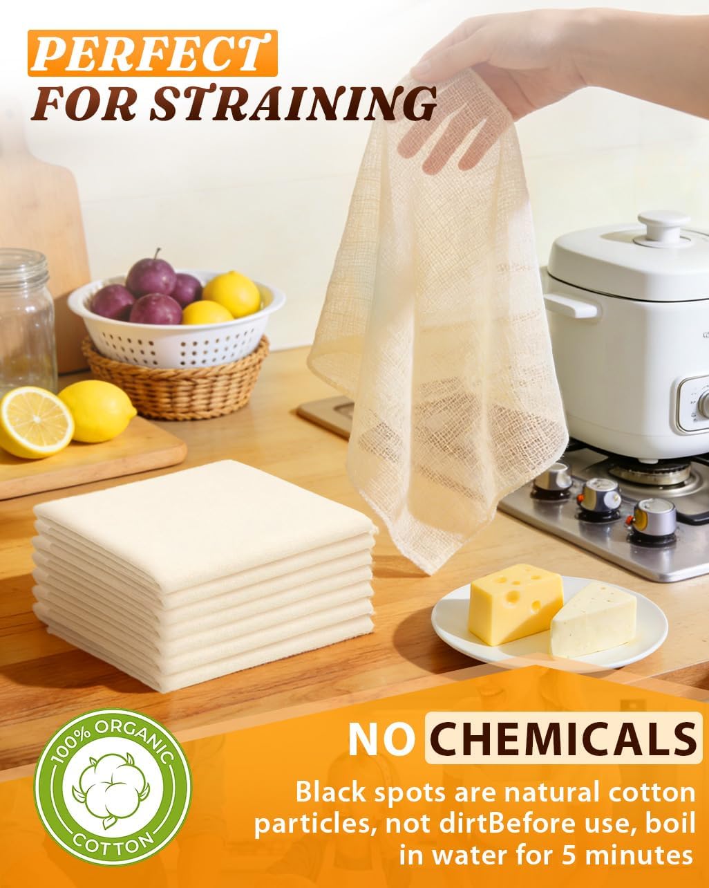 Reusable Cheesecloth 10 Pack Grade 100 Fine Mesh Cheesecloth - 20 x 20 Inch Hemmed Cotton Cheese Cloth for Straining, Filtering, Cheese Making, Greek Yogurt, Almond Milk, Cold Brew & Turkey Roasting