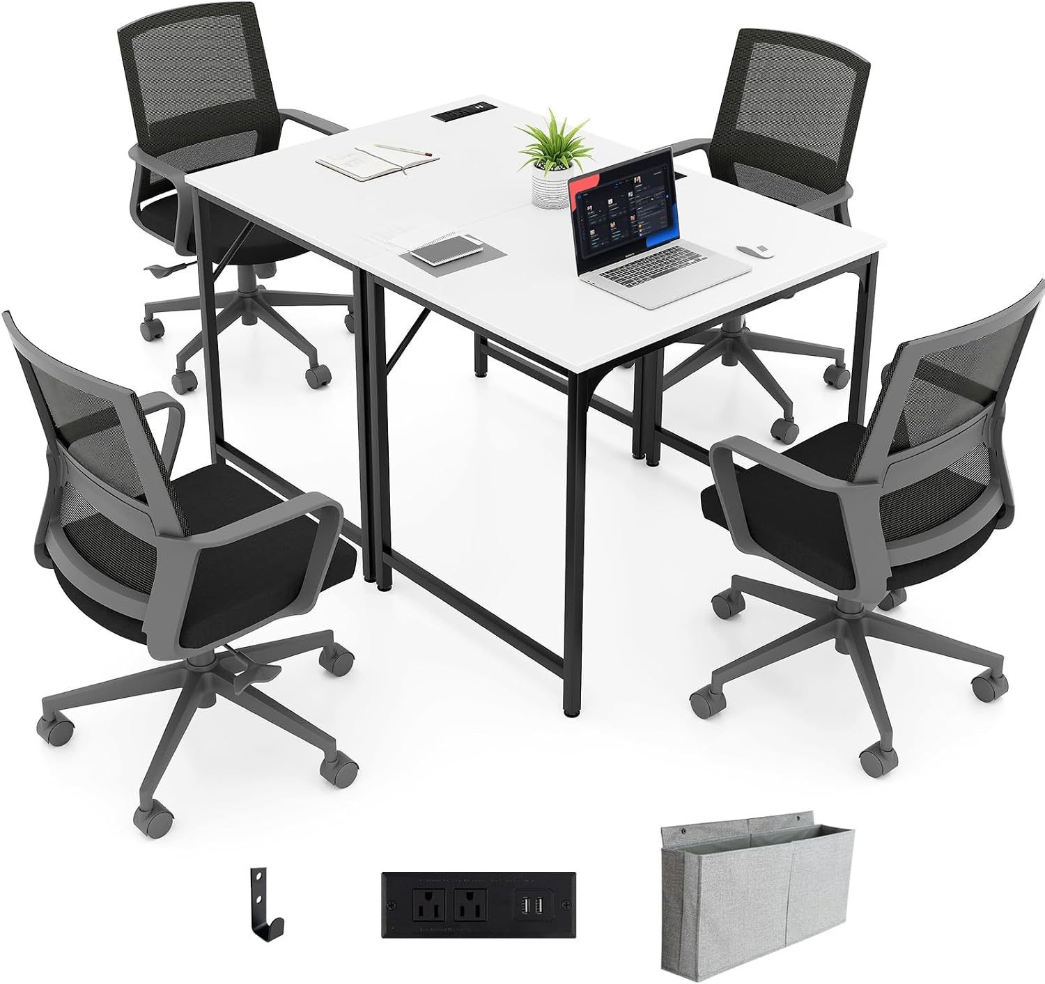 COSTWAY 32 Inch Meeting Table, Set of 2 Boardroom Desk, Rectangular Conference Desk w/Recessed Power Strip, Storage Bag & Headphone Hook, Wide Desktop, Seminar Table (2, White + Black)