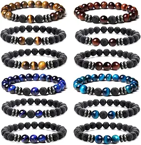 MOZAKA 12-Piece 8mm Natural Stone Lava Rock Beaded Bracelets for Men and Women