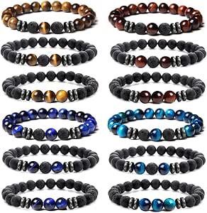 MOZAKA 12Pcs 8mm Natural Stone Lava Rock Beaded Bracelets for Men and Women