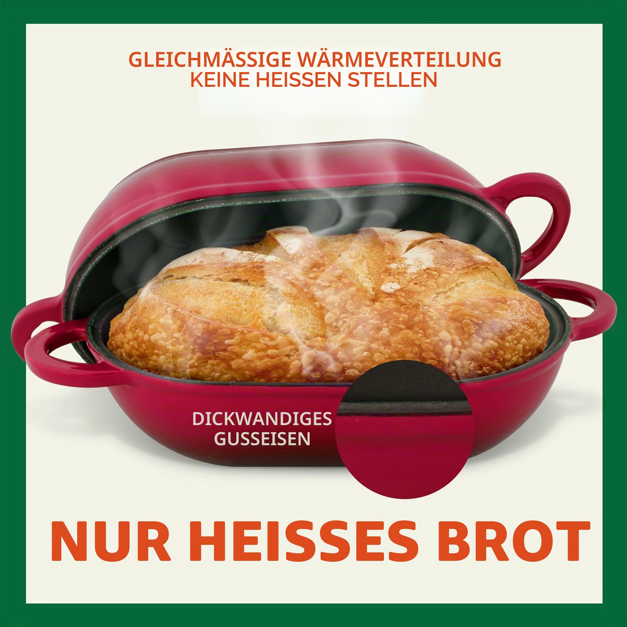 Emaillierter Gusseisen-Brotbackofen (Rot), Antihaft-Einzellaib-Guss-Brotpfanne mit Deckel, Einfacher Selbstgemachter Sauerteig-Dutch Oven mit Deckel, Ofenfeste Handwerker Brotbackform, Gusseisen