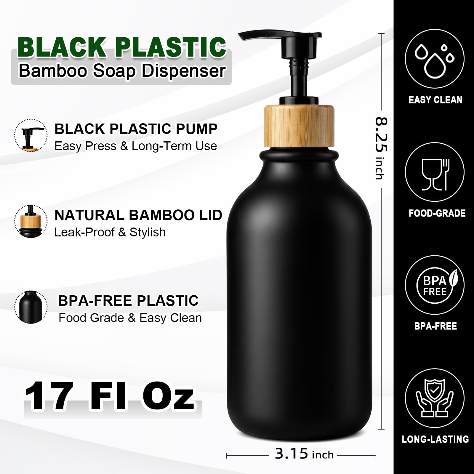 KASUNTING Dispensador de jabón negro, paquete de 4 dispensadores de jabón de manos para baño con bomba de bambú, juego de dispensador de manos y platos de plástico de 17 onzas líquidas para cocina,