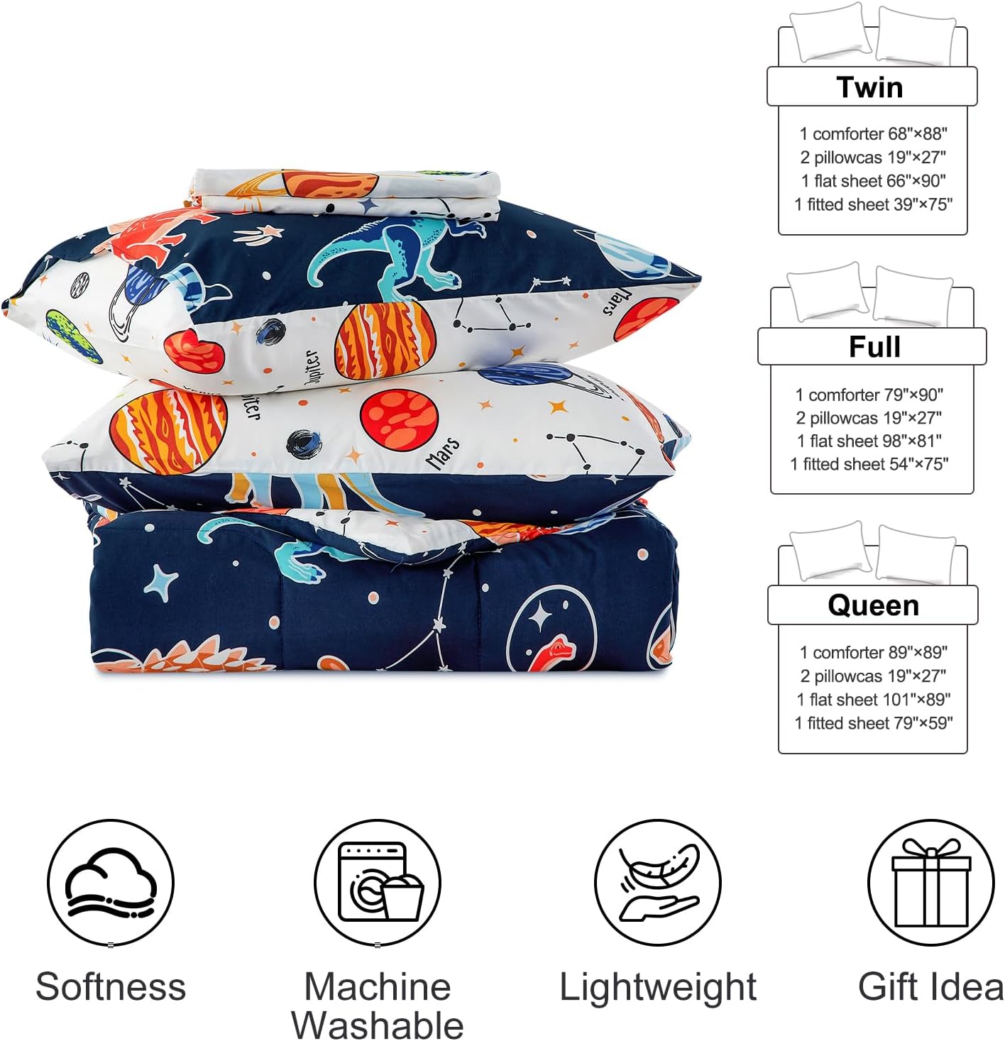 Aimuan Glow in The Dark Space Comforter Set Kids Dinosaur Animals Bedding Set Super Soft & Cute Planet Printed for Boys Girls Teen (Black, Twin 5Pcs)