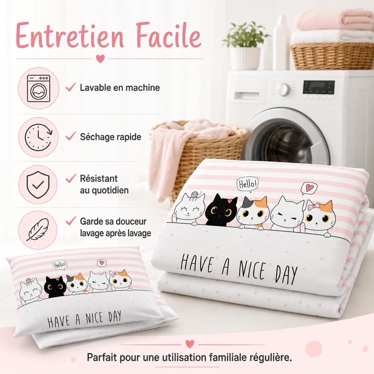 Housse de Couette 140x200 cm Enfant Chat Rose Parure Lit 1 Personne | Parure Fille Réversible Imprimée avec 2 Taies 65x65 cm, Motif Chaton Mignon à Rayures, Microfibre Douce avec Fermeture Éclair