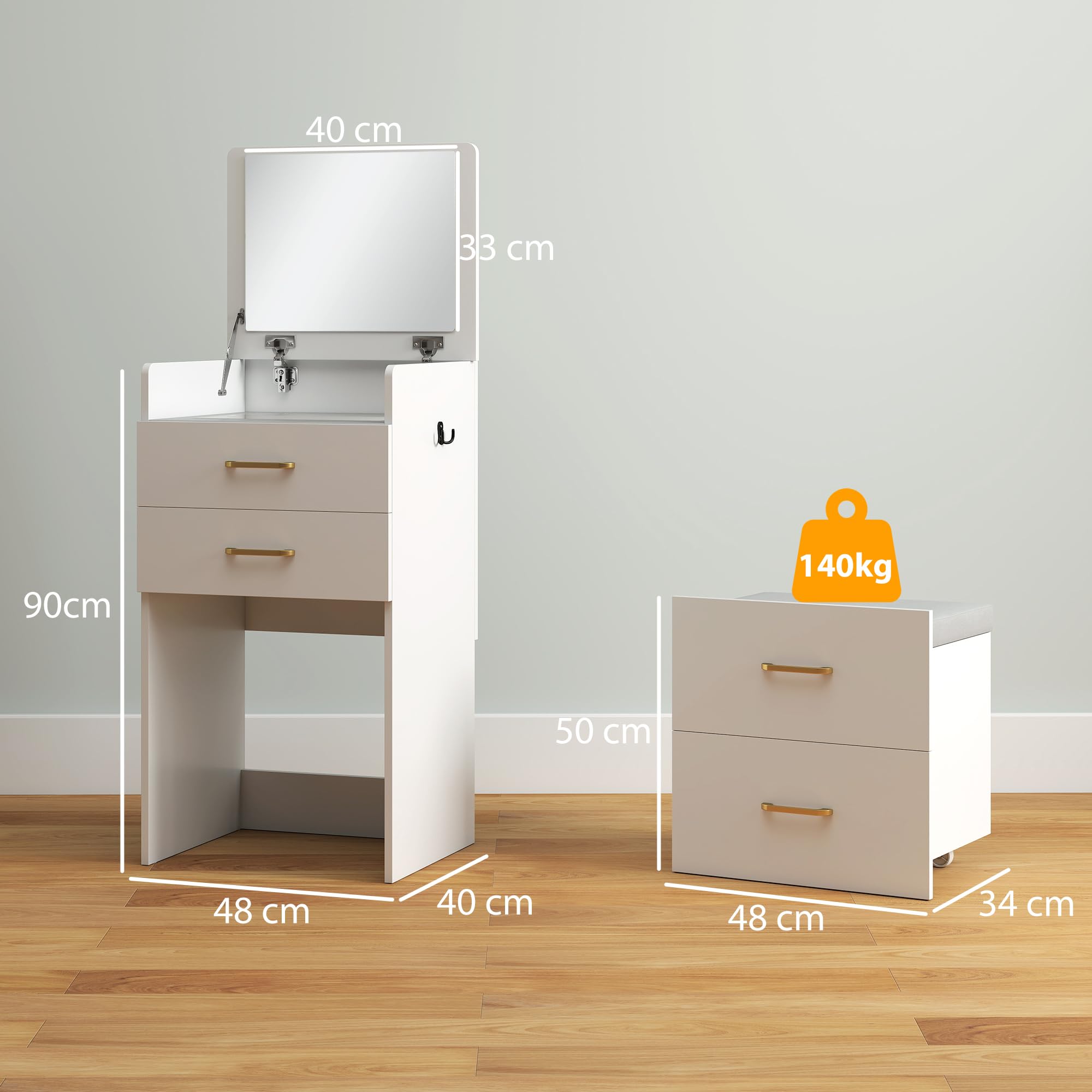HOMCOM Coiffeuse avec Miroir et Tabouret 3 en 1 48 x 40 x 90 cm Blanc | Table de Maquillage, Plateau en Verre Visible, 3 Tiroirs, Coussin Rembourré, Roulettes, Bureau Coiffeuse