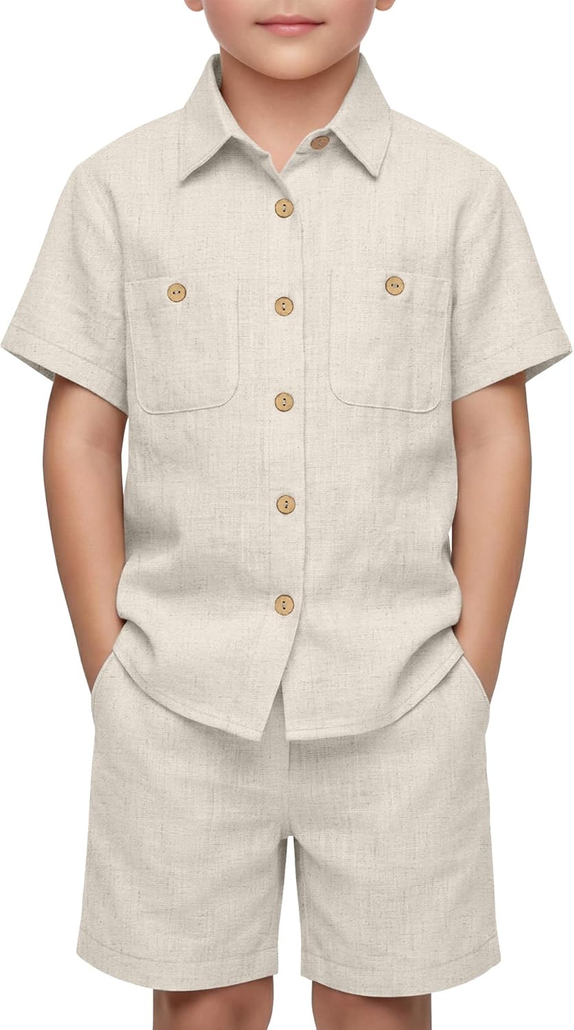 Oakgarden Boys' 2 Piece Linen Outfits Beach Vacation Short Sleeve Button Down Shirts Shorts Sets Kids Summer Casual Pockets