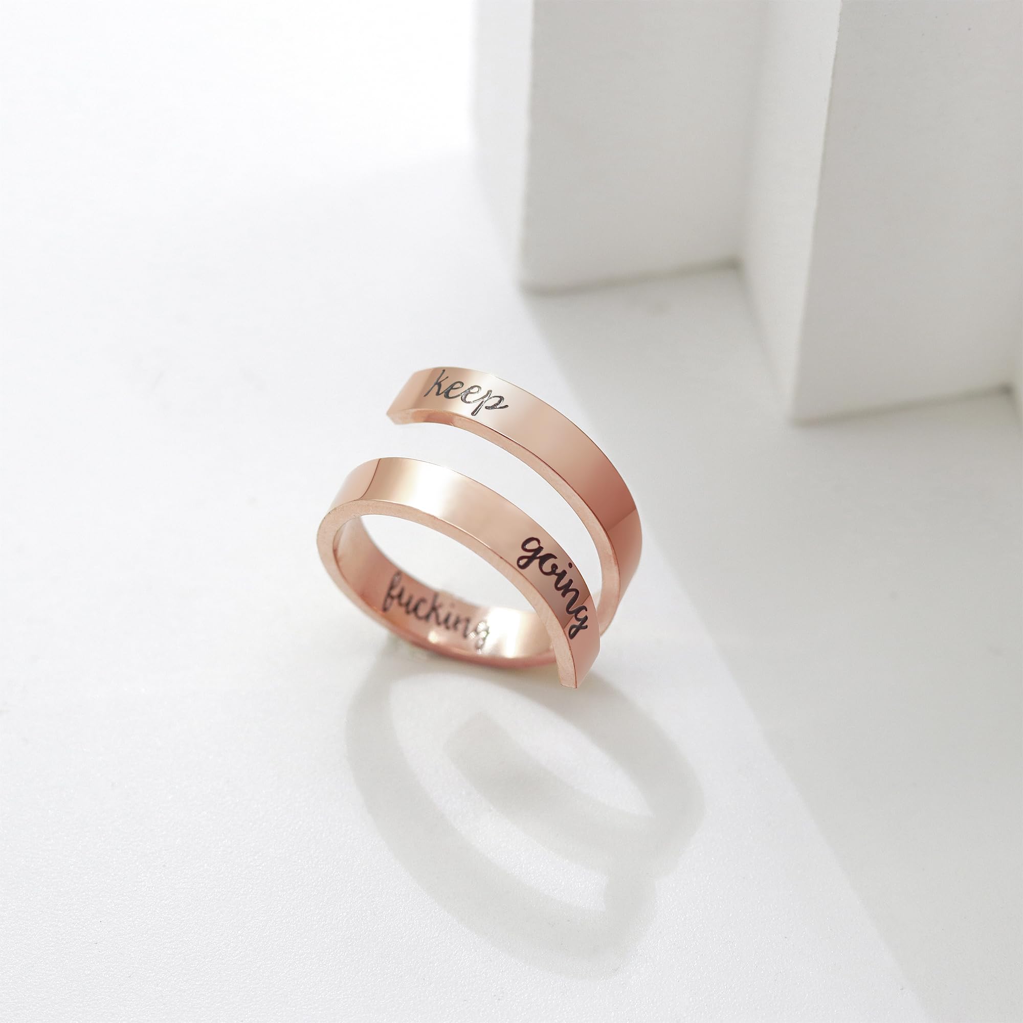 Anillo de plata con texto en inglés Keep Going, anillos inspiradores de acero inoxidable, tamaño grabado, bandas ajustables para estimulación de personalidad genial para mujeres y hombres, 6