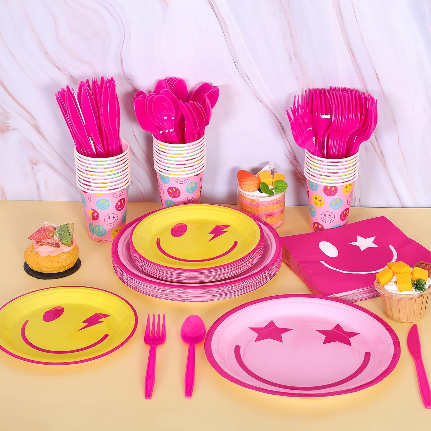 durony 210 Pieces Preppy Smiley Face Party Decorations Tableware Set Disposable Paper Smile Face Plates Napkins Cups Cutlery for Preppy Birthday Party Supplies Baby Shower Decor, Serve 30 Guest