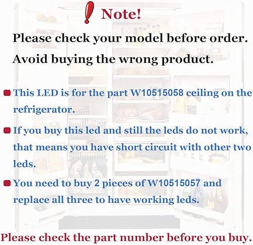 Miniatura 4 de 1 juego de luces LED principales W10515058 y 1 unidad W10515057 para frigorífico y congelador con lente cónica y bisel, sustituye a WPW10515057
